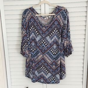 Cato Shirt Blouse,‎ Size 22, Patchwork, 3/4 Sleeve Cuff, Red, White, Blue, Tunic